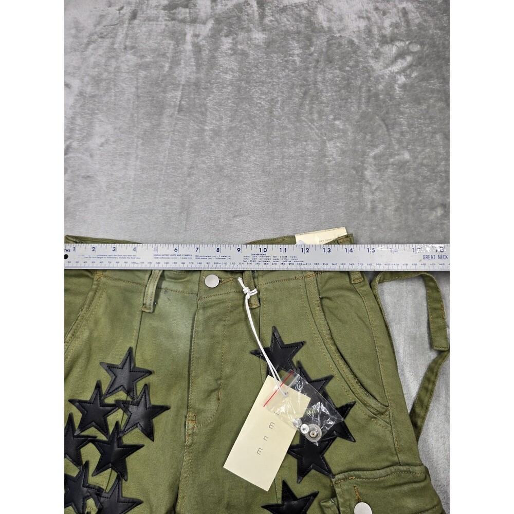 ​MNML Star Cargo Pants Size 28 Green Black Gradient Two Tone Leather Stars Y2K - Picture 3 of 10